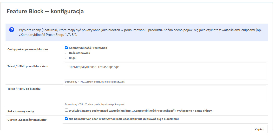 Product feature block — PrestaShop