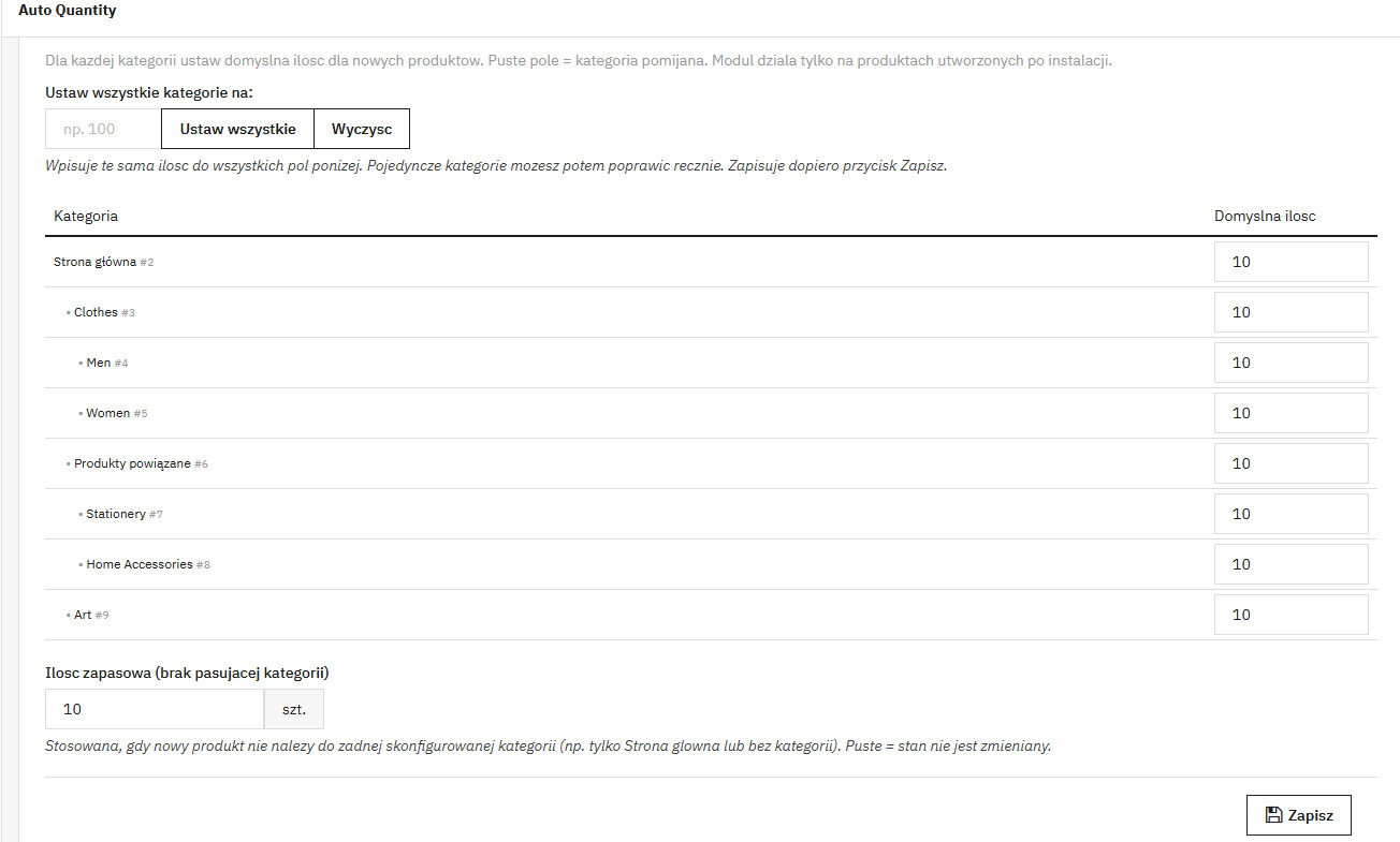 Automatic stock quantity by category - PrestaShop module