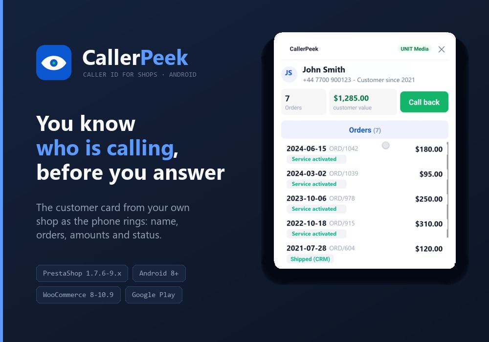 CallerPeek — customer card on the phone during an incoming call, with name, orders and status