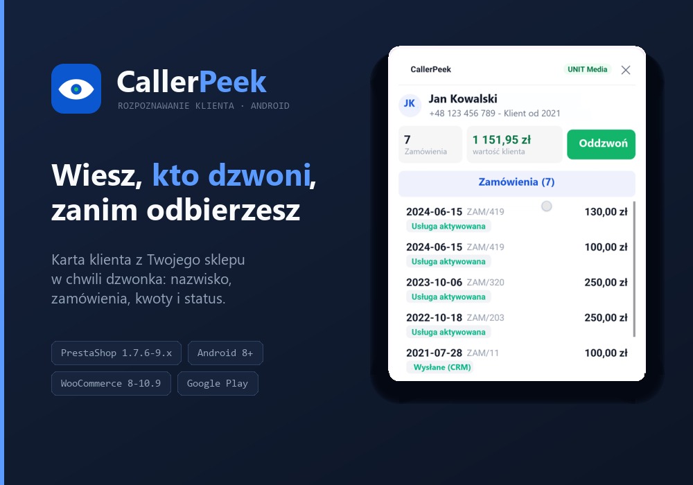 CallerPeek — karta klienta na telefonie w trakcie połączenia przychodzącego, z nazwiskiem, zamówieniami i statusem
